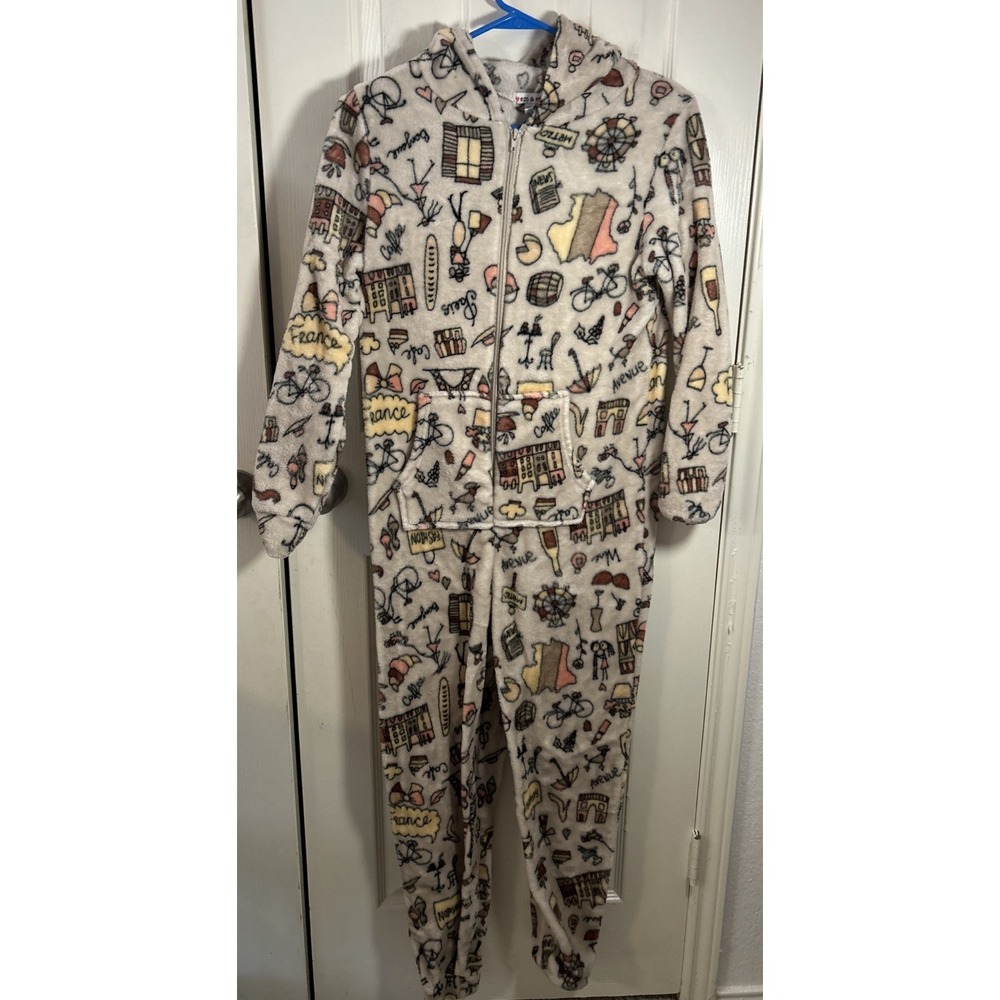 Em & Alfie Fleece One Piece Paris‎ Pajamas Womens Small Plush Warm Hooded